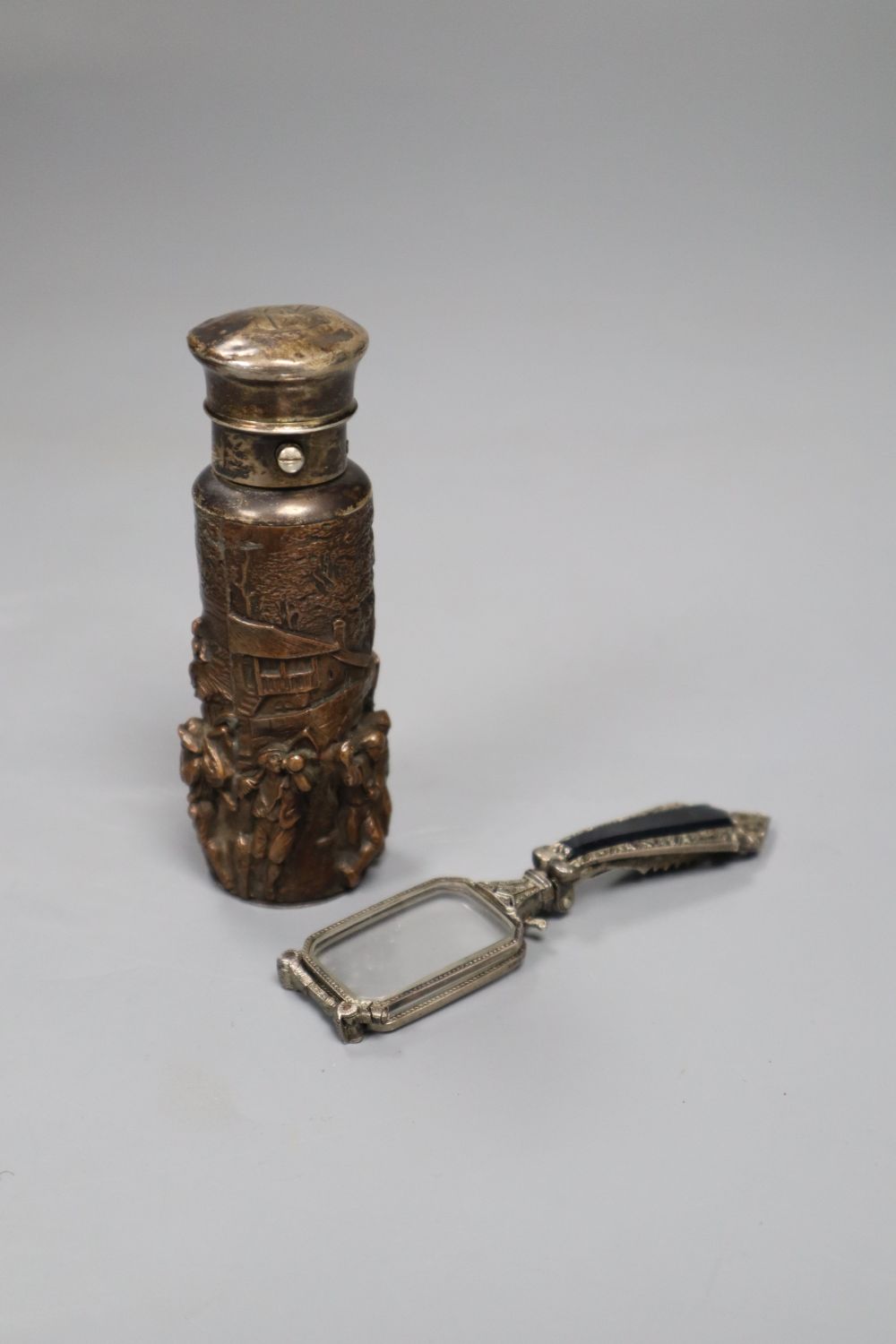 A Victorian metal mounted scent bottle and a pair of lorgnettes